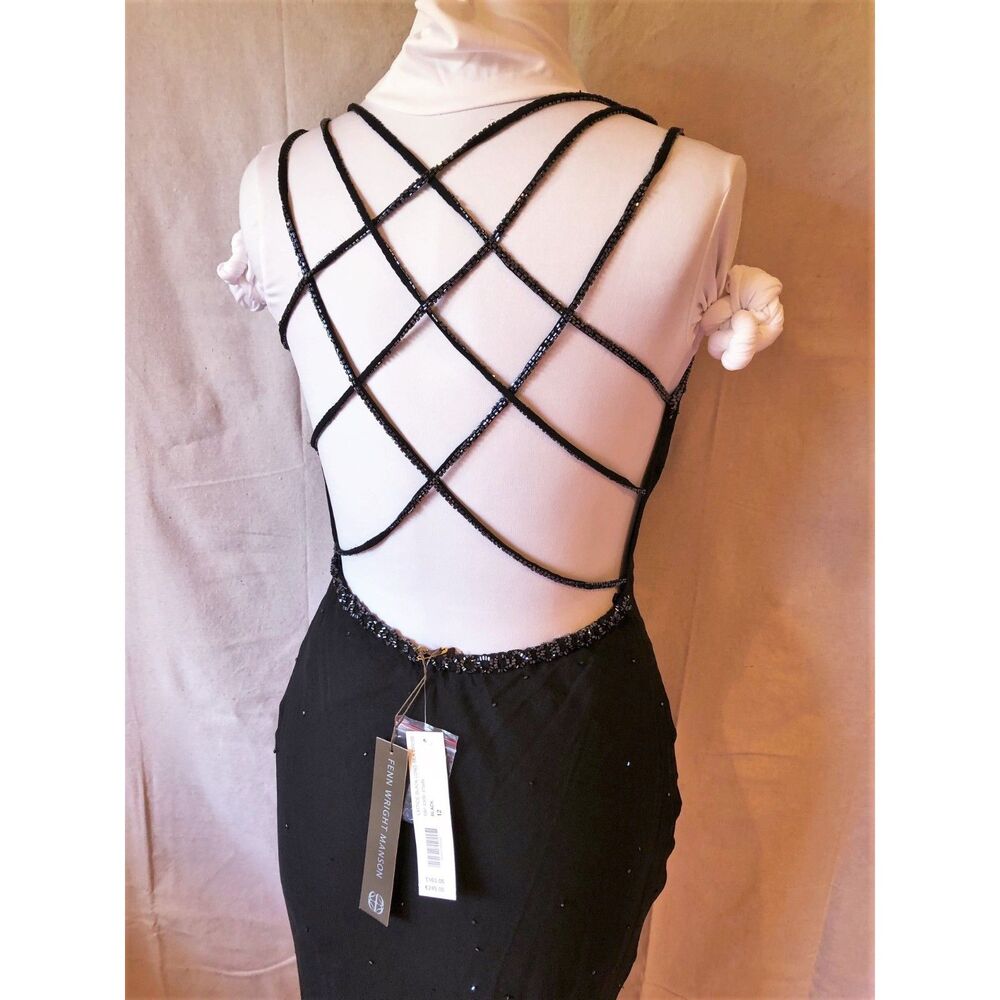 Fenn Wright Manson Lattice Black Long Silk Beaded Dress Size UK 12